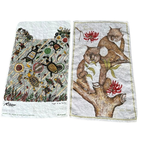 Vintage Australian Linen Souvenir Tea Towel Set Rodriguez Attunga Turtles Koalas - Picture 1 of 12